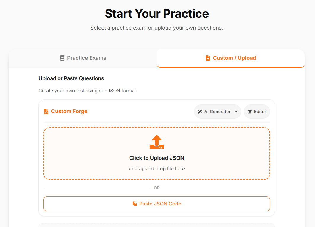 The ExamOven Custom Forge interface highlighting the 'Paste JSON' and 'Upload' buttons for localized data processing.
