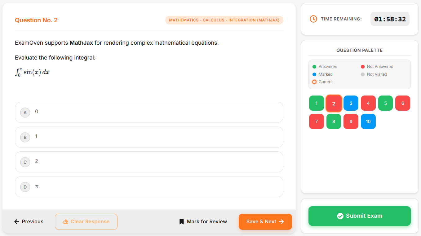 An overview of the ExamOven practice dashboard showing a clean, distraction-free interface with a timer and question palette.